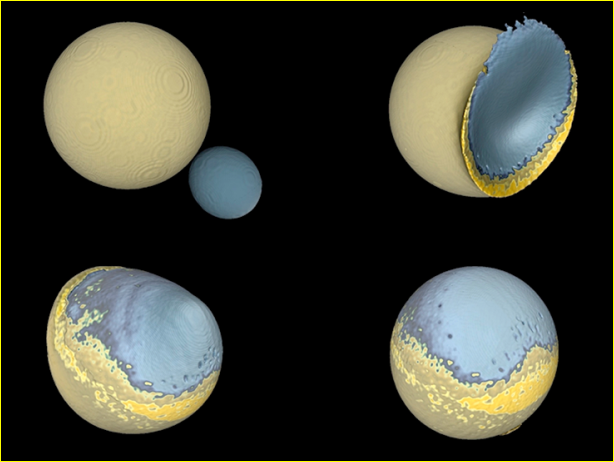 Big Splat! Como a Lua foi formada: Esta simulação de uma colisão entre uma proto-lua e uma lua companheira mostra as massas lunares produzindo hemisférios assimétricas. De acordo com o cientista planetário Erik Asphaug, este processo poderia explicar como a lua da Terra tornou-se desequilibrada. As cores indicam uma crosta (azul claro), uma espécie de camisa (azul escuro), e uma camada de material do manto superior (amarelo), representando um oceano de magma. A maior parte da lua companheira é acrescida como uma camada em forma de “panqueca”, formando uma região extremamente montanhosa.M. Jutzi (U. de Berna), Asphaug (ASU, UCSC)
